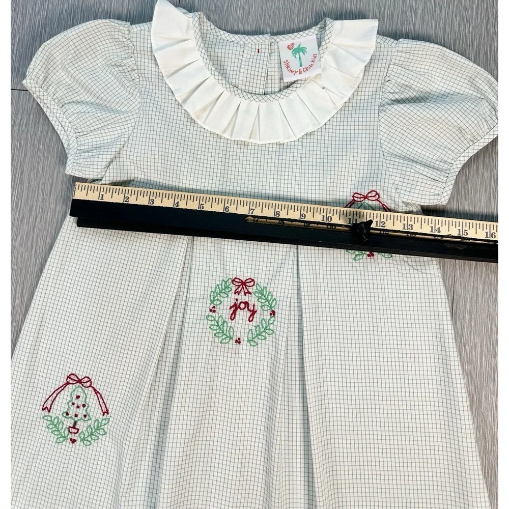 Shrimp & Grits Christmas Embroidered Green White Gingham Dress‎ Toddler Girl JOY